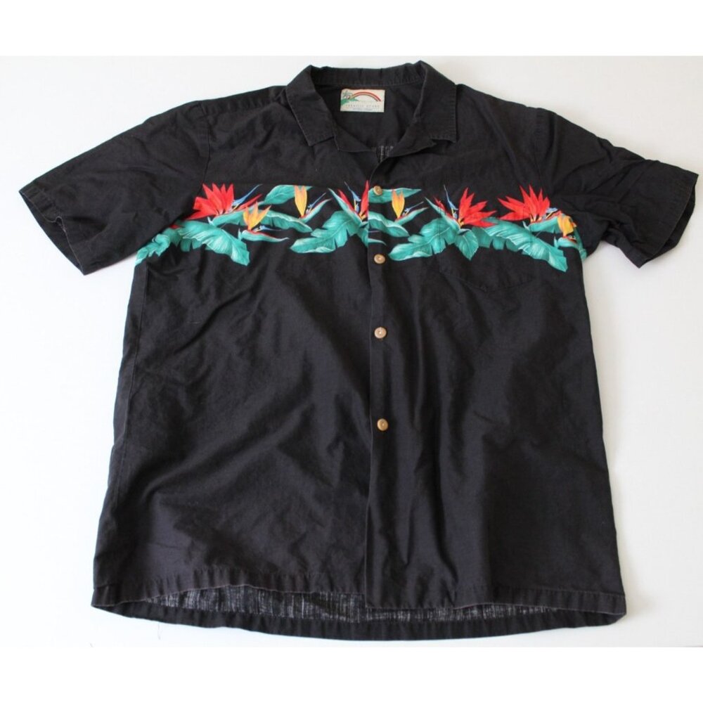 Paradise Found Mens L Black‎ Bird of Paradise Cotton Hawaiian Aloha Shirt